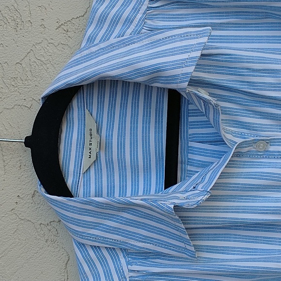 MAX STUDIO Blue White Striped Maxi Dress Button Up Belt Tie Size M - Picture 2 of 16